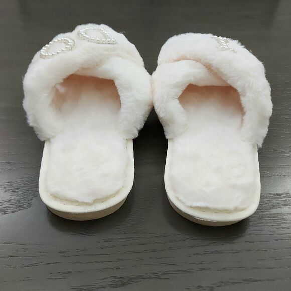 Wedding I Do Bride Slippers Size 40-41 Ivory Slip On Fluffy Wedding Anniversary - Picture 8 of 12